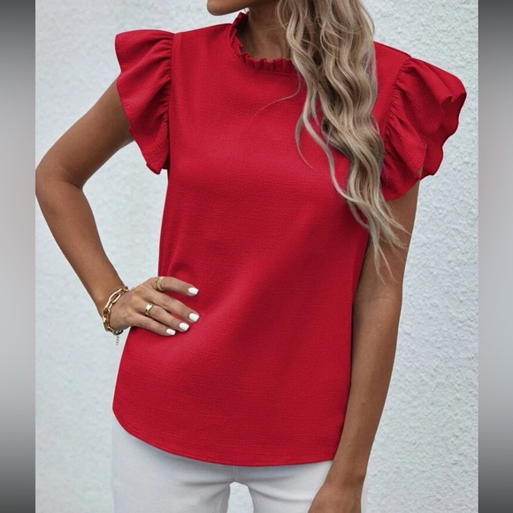 Red butterfly sleeve ruffle blouse - Picture 5 of 6